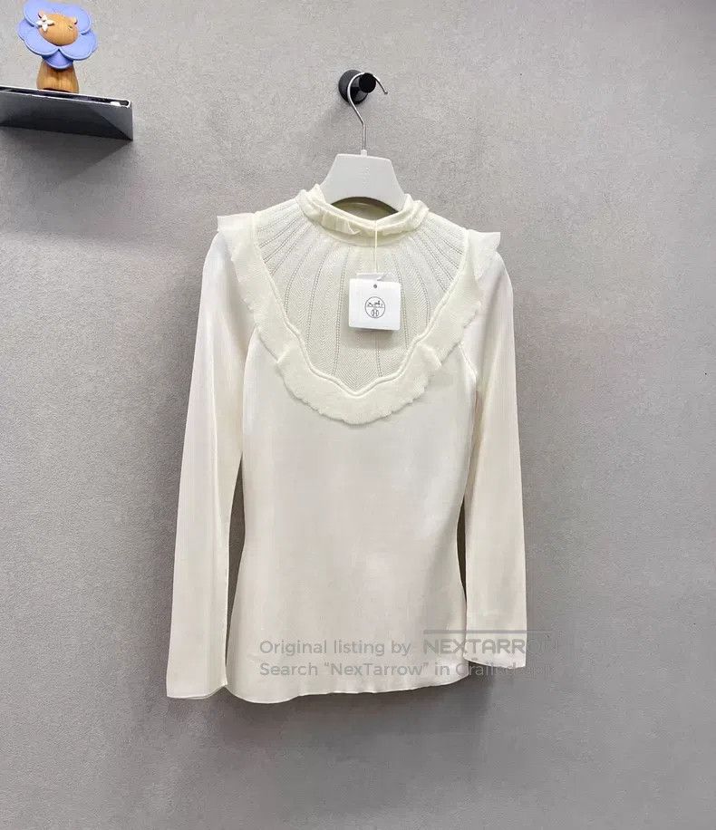 Hermes Hermes White Ruffled High Neck Knit Top Size XS / US 0-2 / IT 36-38 - 3 Thumbnail