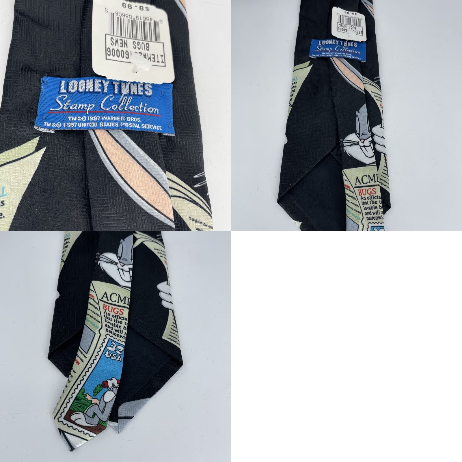 Vintage VINTAGE Looney Tunes Stamp Collection Bugs Bunny Newspaper Necktie Tie 1997 Mens Adult One Size Black Polyester Woven Logo Adjustable Classic 57"-60" Size ONE SIZE - 8 Thumbnail