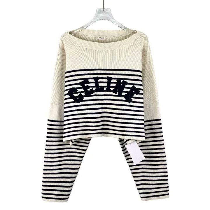 Celine Celine Striped Logo Embroidery Knit Sweater Size L / US 10 / IT 46 - 1 Thumbnail