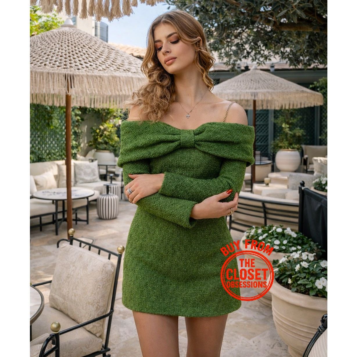 ZARA Green Off Shoulder Bow Mini Dress NWT Textured