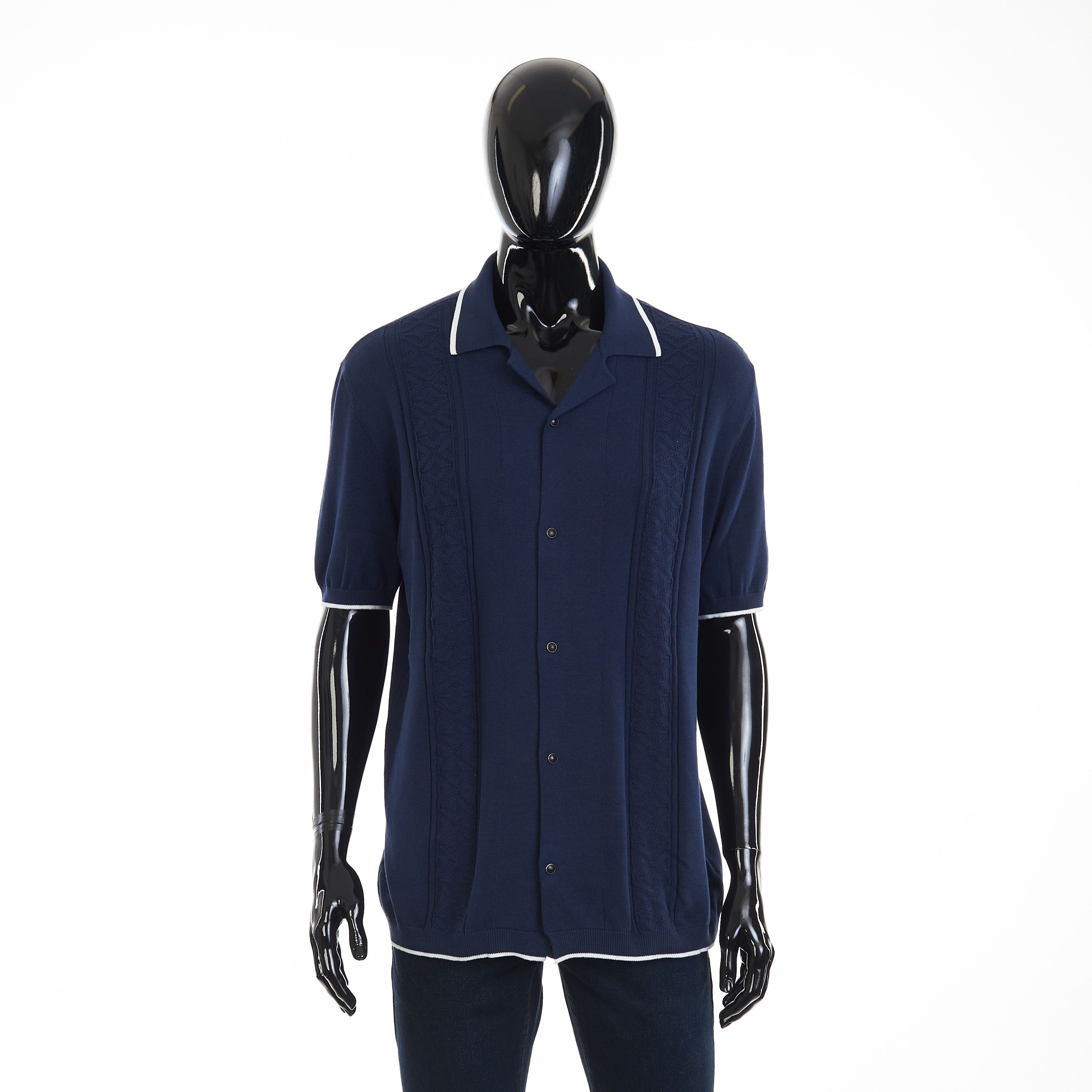 Brunello Cucinelli Navy Blue Short Sleeve Knit Shirt - Cotton Jacquard Rib Size US XL / EU 56 / 4 - 1 Thumbnail