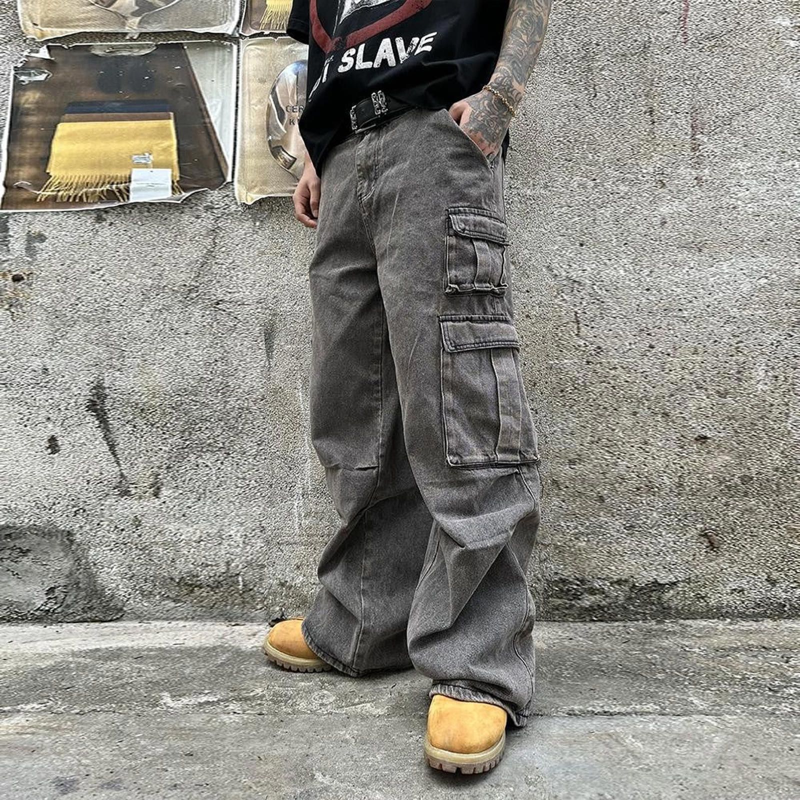 Japanese Brand Gray Baggy Flared Cargo Pants, Wide Leg Utility Pants Size US 32 / EU 48 - 1 Thumbnail