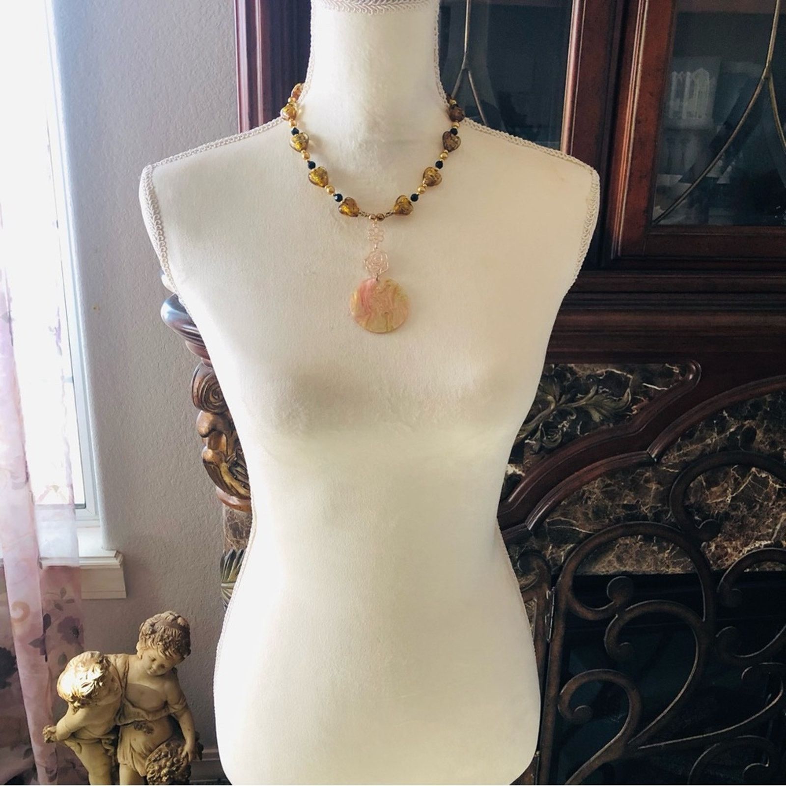 Handmade Handcrafted repurpose sparkle medallion drop Pearl necklace Size ONE SIZE - 7 Thumbnail