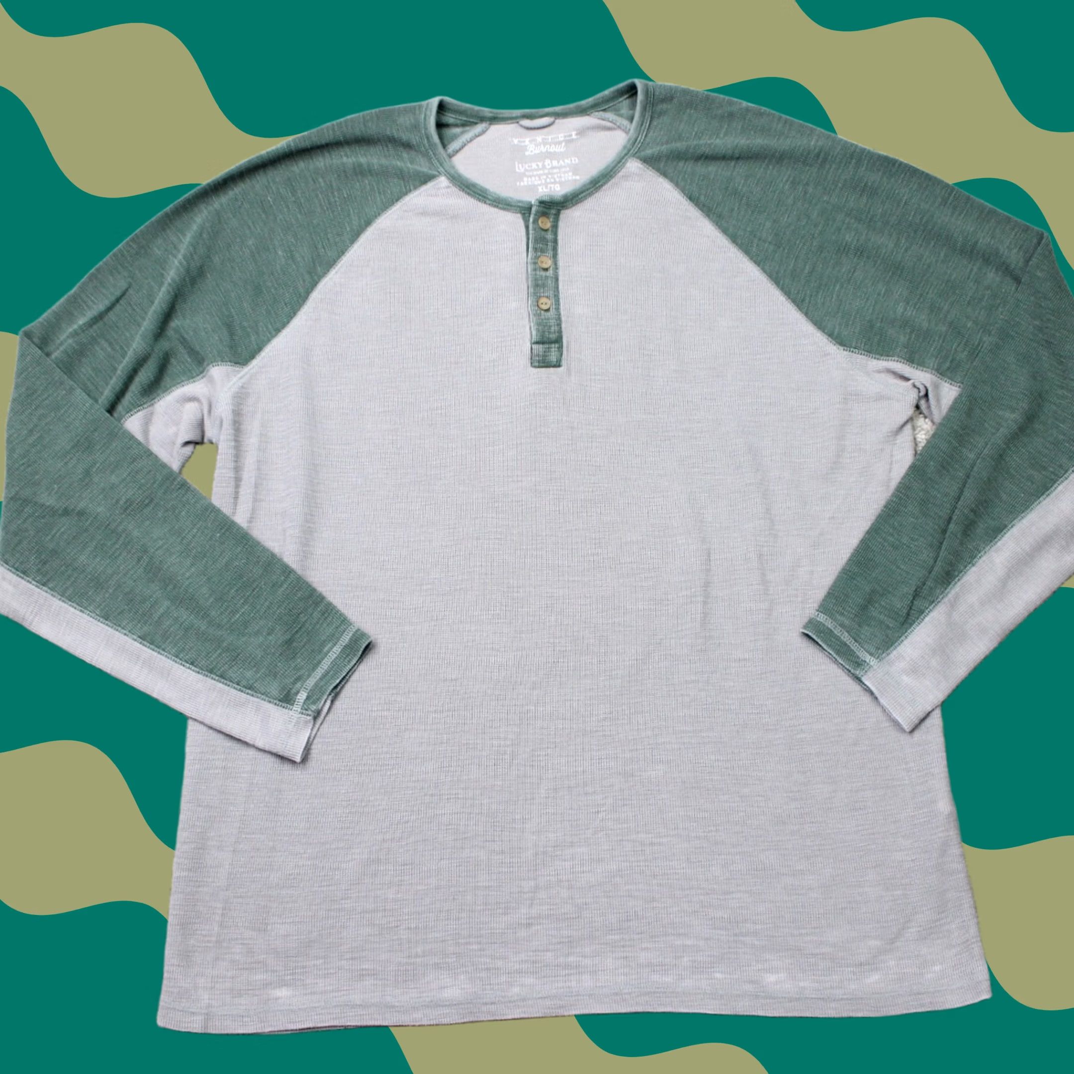 Lucky Brand Lucky Brand Henley Shirt Mens XL Gray/Green Venice Burnout Long Sleeve Pullover Size US XL / EU 56 / 4 - 1 Thumbnail