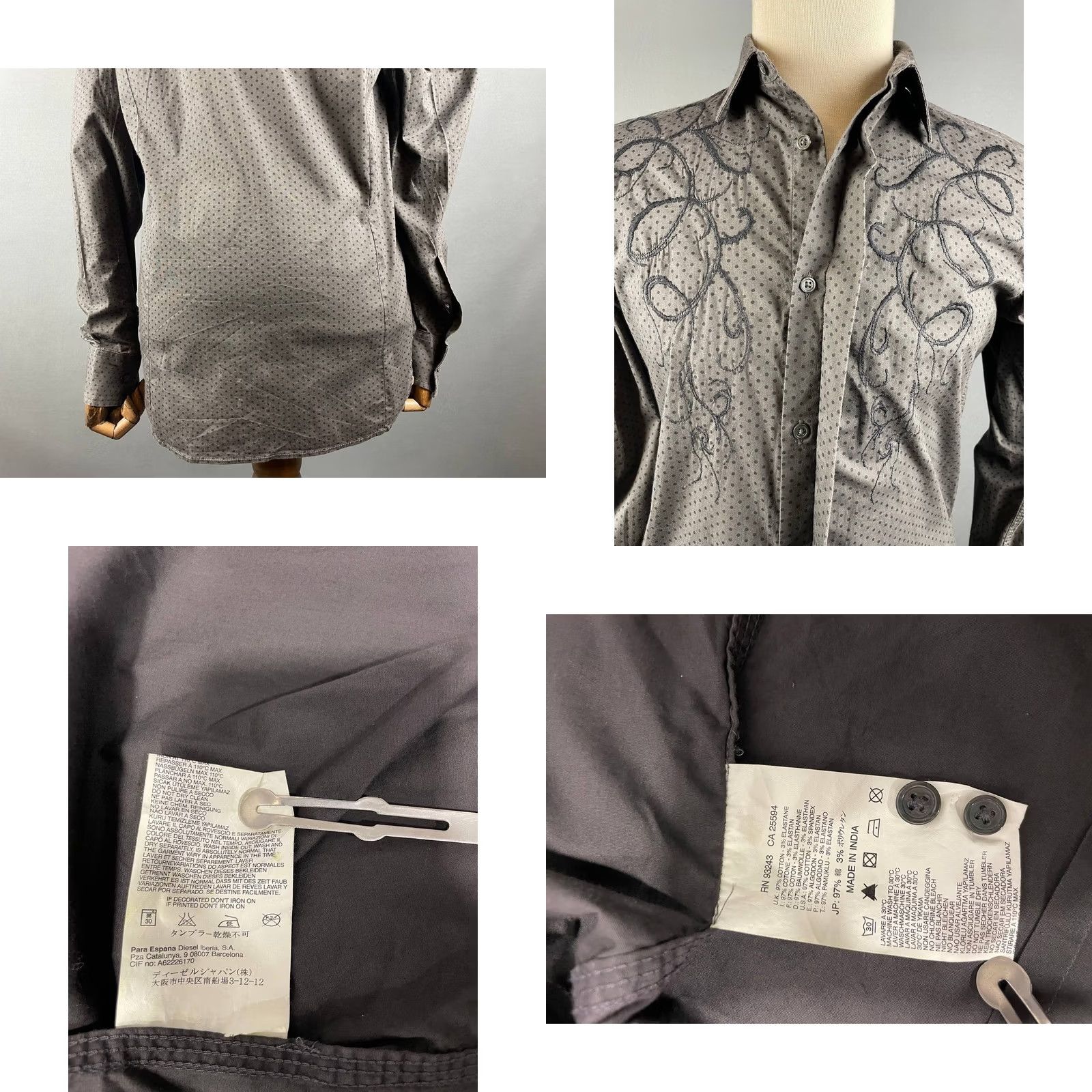 Diesel Diesel Mens Casual Shirt M Gray Cotton Embroidered Long Sleeve Button Up Size US M / EU 48-50 / 2 - 9 Thumbnail