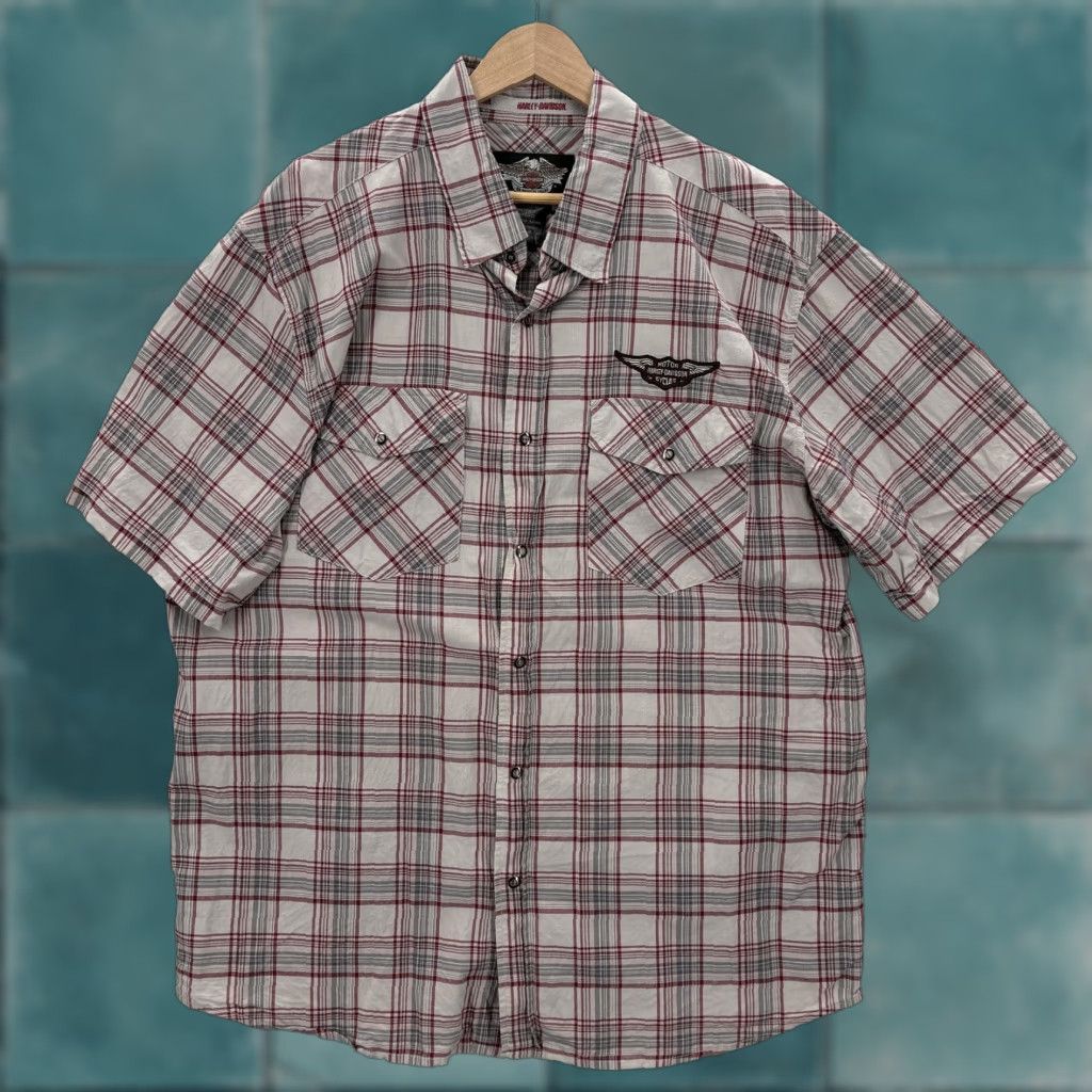 Harley Davidson VINTAGE Harley-Davidson Shirt Mens XL Gray Red Plaid Short Sleeve Button Front Biker Y2K Size US XL / EU 56 / 4 - 1 Thumbnail
