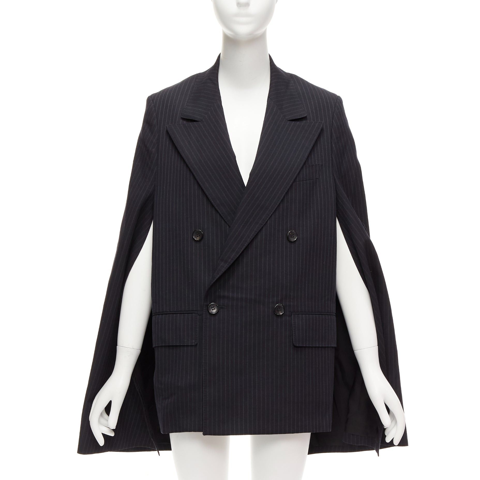 image of Junya Watanabe 2018 Grey Pinstripe Wool Blend Cape Sleeve Boxy Blazer S, Women's (Size Small)