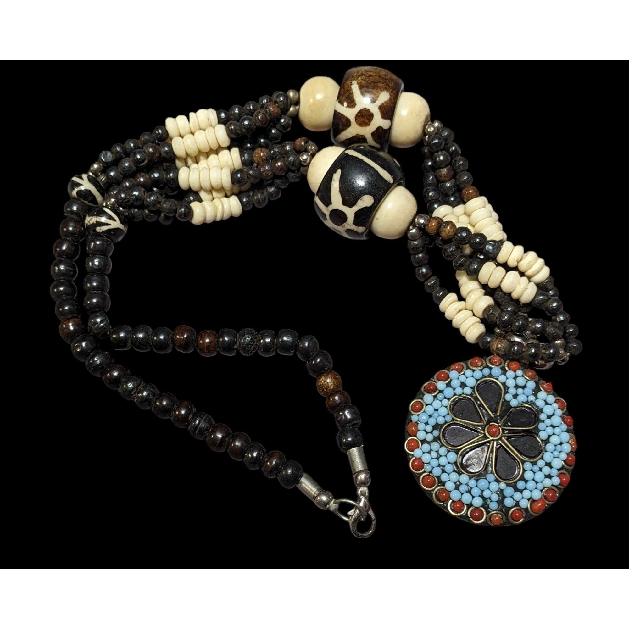 Other Vintage Handmade Beaded Ethnic Wood Metal And Glass Medallio Size ONE SIZE - 1 Thumbnail