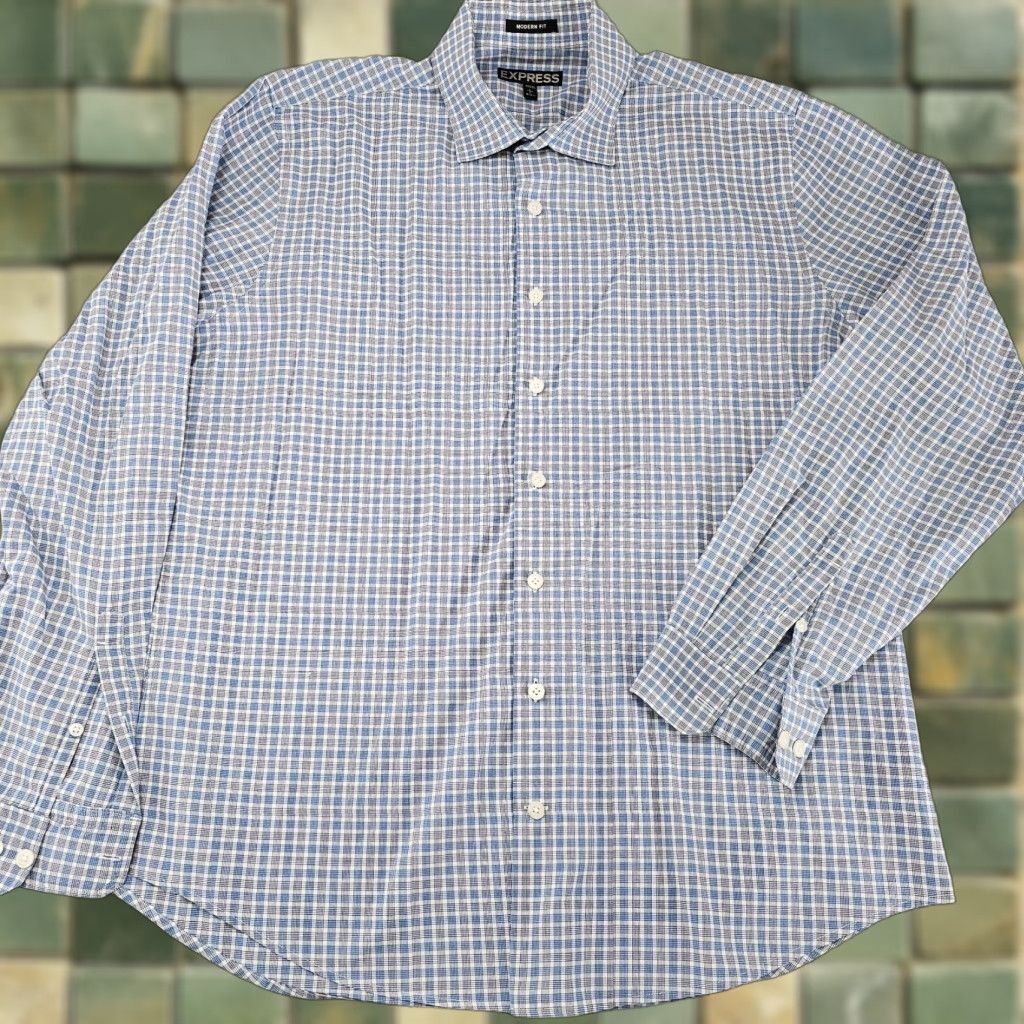 Express Express Shirt Mens Large Blue Check Button-Up Long Sleeve Size US L / EU 52-54 / 3 - 1 Thumbnail