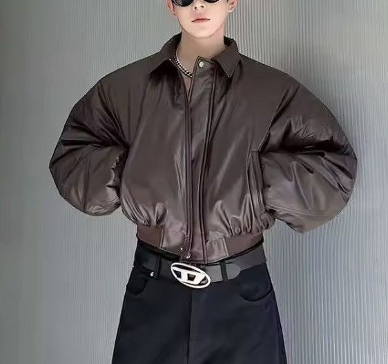 Japanese Brand CROPPED Vegan Leather Bomber Jacket - Boxy Streetwear Puffer Size US M / EU 48-50 / 2 - 1 Thumbnail