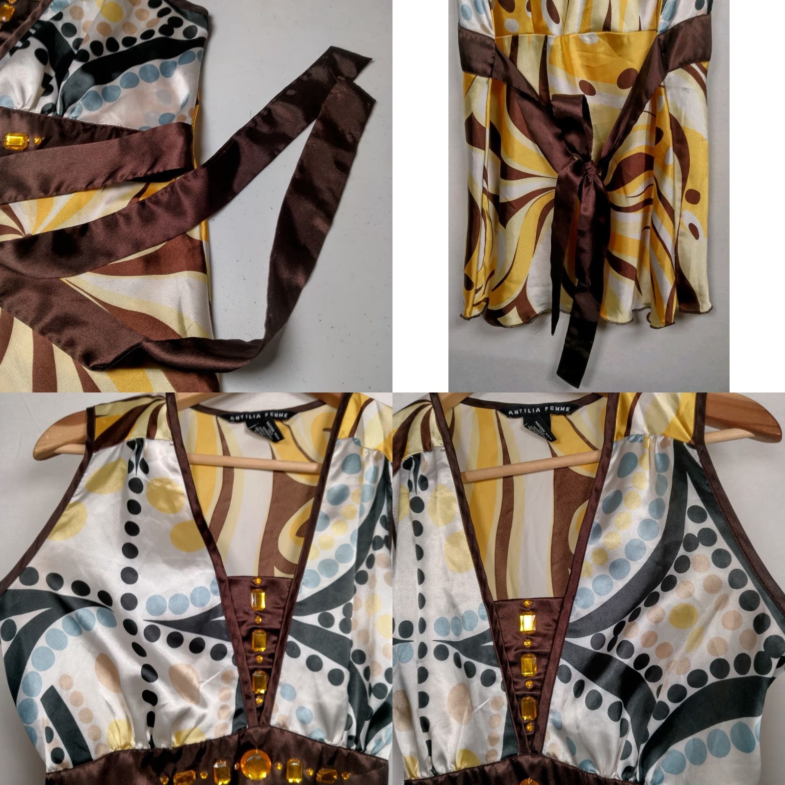 Vintage VINTAGE Antilia Femme Shirt Tank Sleeveless Satin Bling Yellow Brown Tie V-Neck M Women's Blouse Size M / US 6-8 / IT 42-44 - 8 Thumbnail