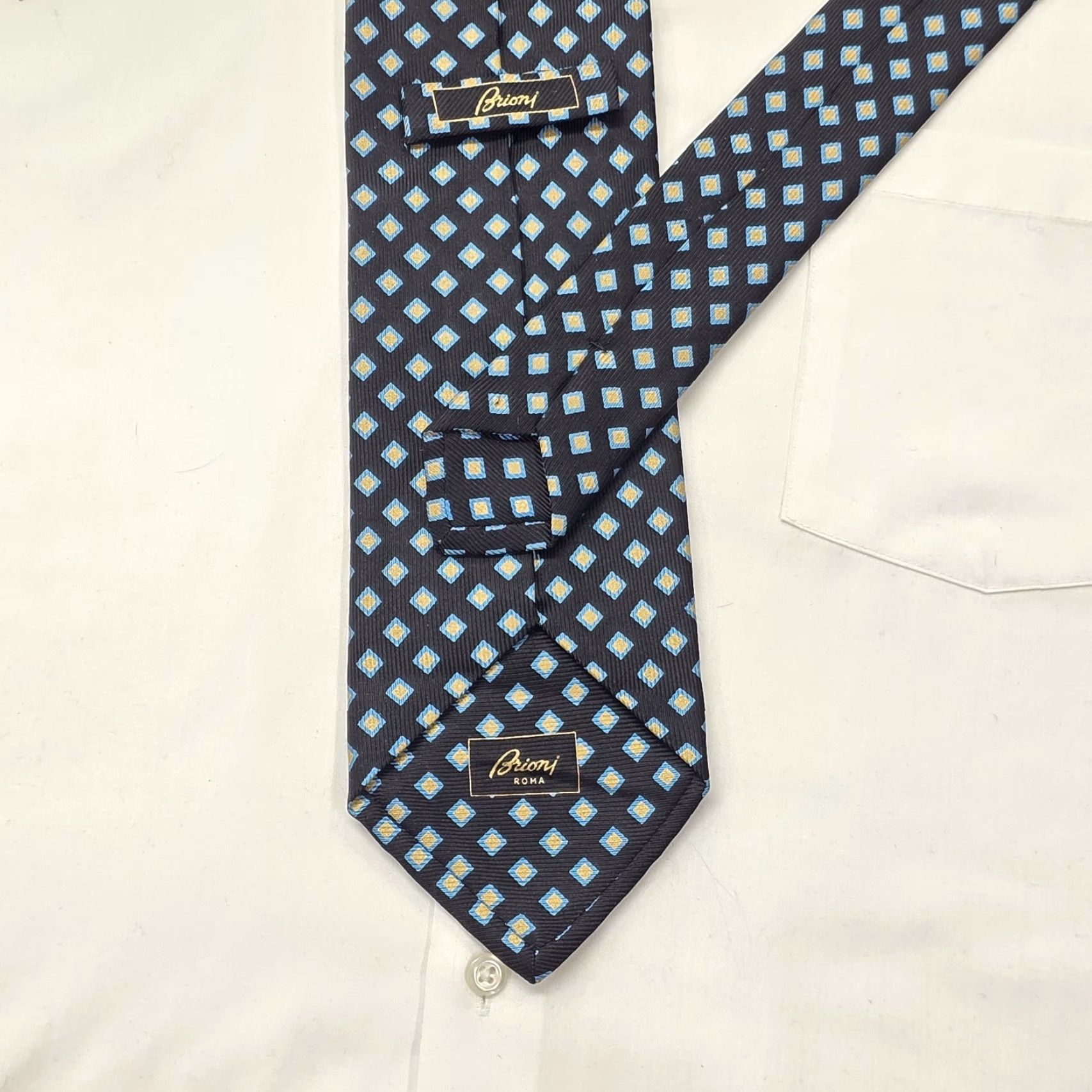 Brioni Brioni Necktie Mens Navy Blue Geometric Pattern 100% Silk Designer Satin Long 62" x 4" Italy Silk Tie - Mens Fashion Gift Size ONE SIZE - 3 Thumbnail