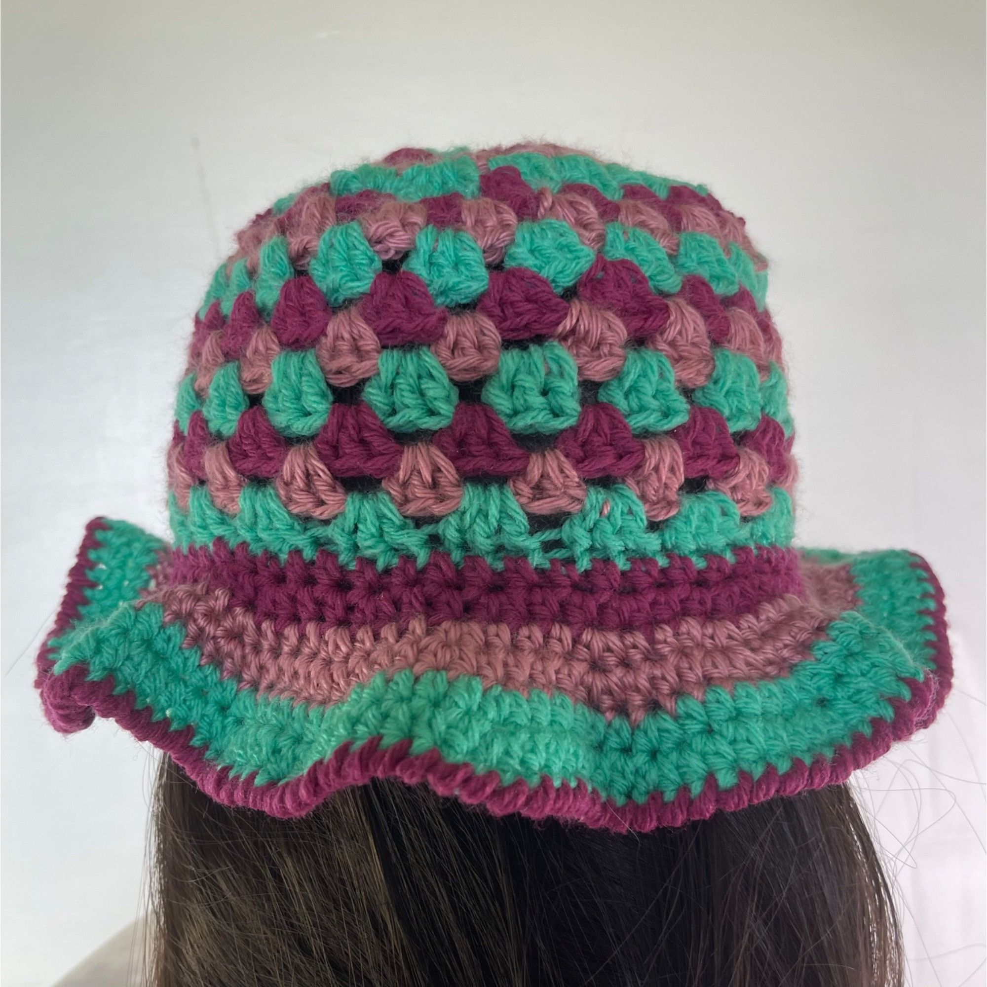 Handmade Crochet Bucket Hat Granny Square Pattern Teal and Mauve Adul Size ONE SIZE - 4 Thumbnail
