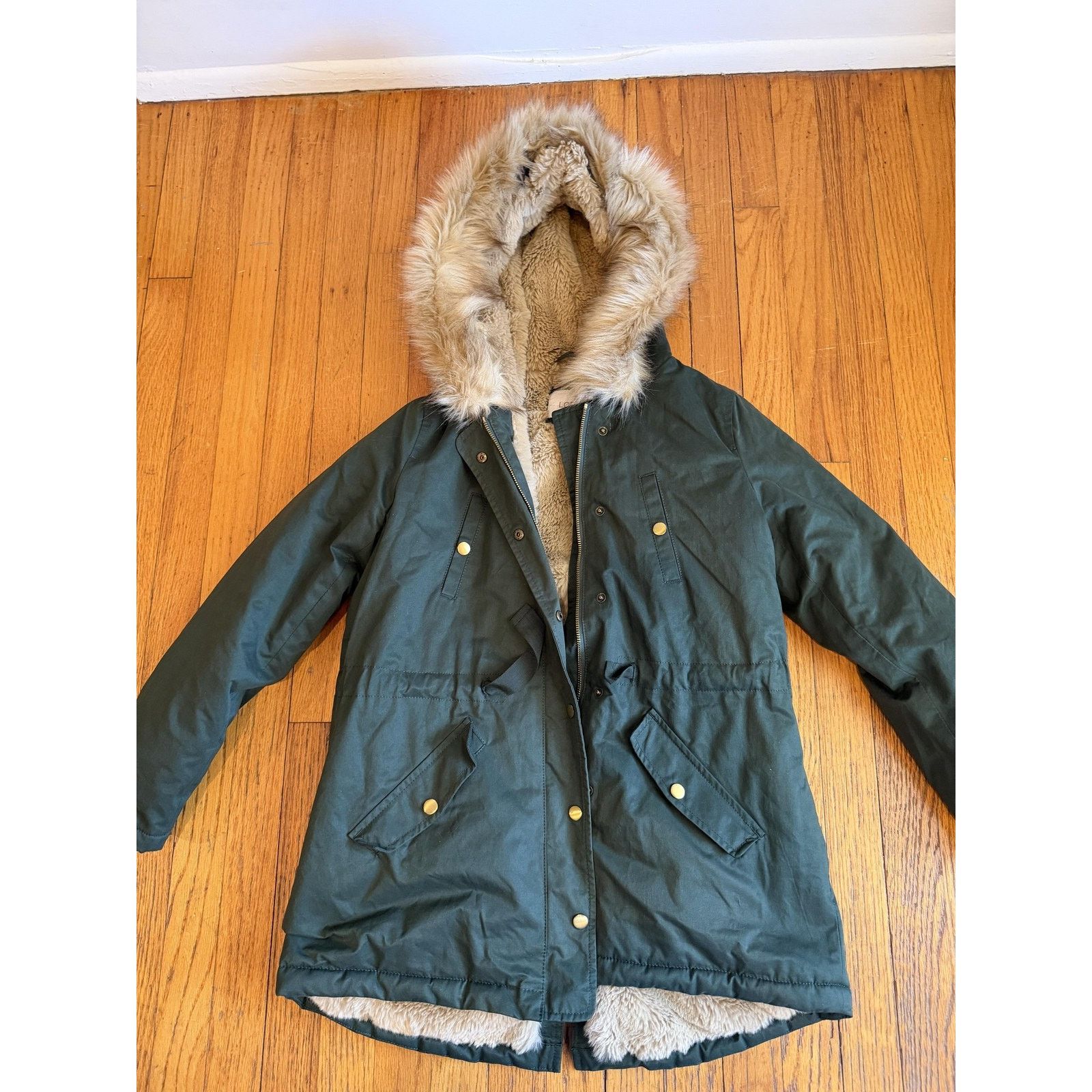 Loft LOFT Coat XSP Green Faux Fur Lined Hooded Parka Canvas Size XS / US 0-2 / IT 36-38 - 2 Thumbnail