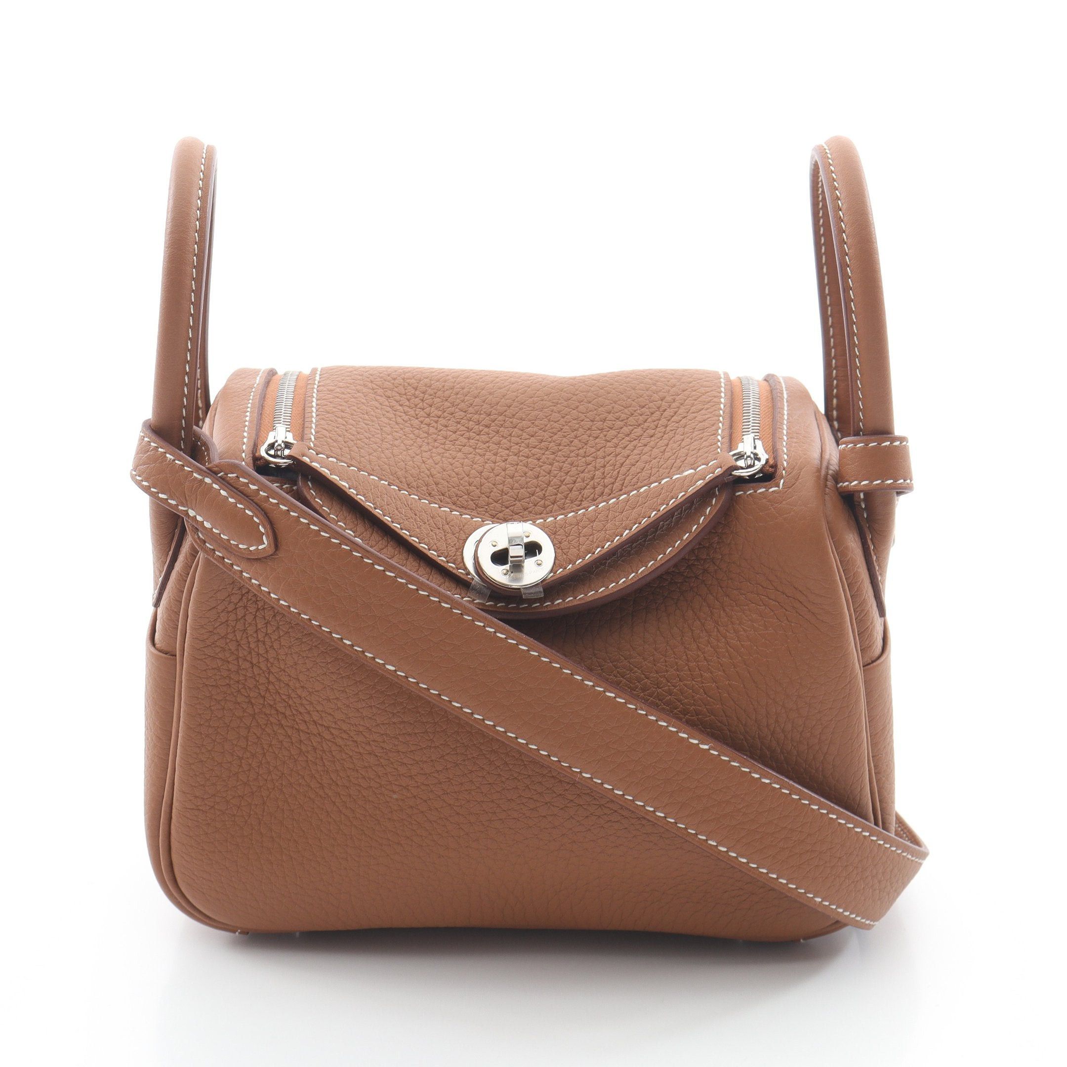 Hermes Lindy Mini Gold Shoulder Bag Clemence Leather Light Brown Silver Hardware K Stamp, Women's