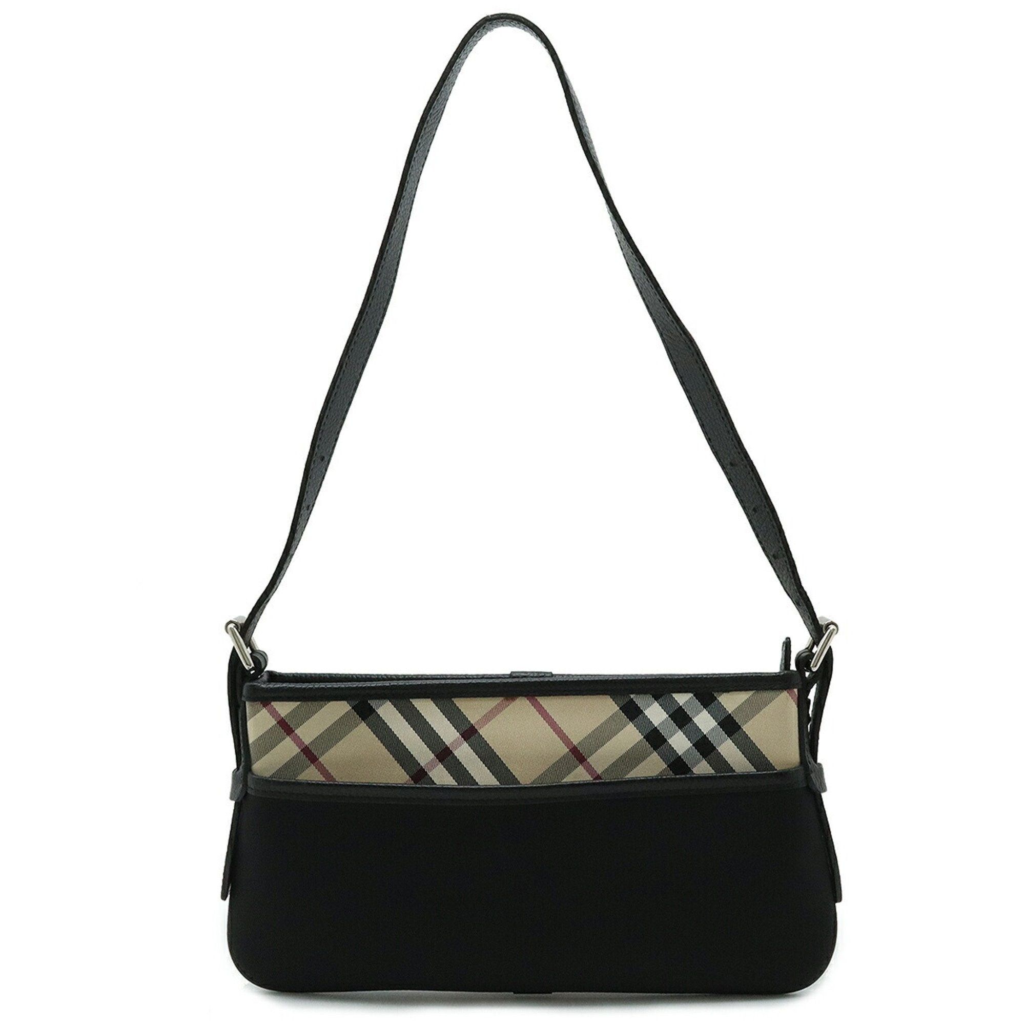 image of Burberry Checked Shoulder Bag Nylon Canvas Leather Black Beige Bordeaux in Tan, Women's