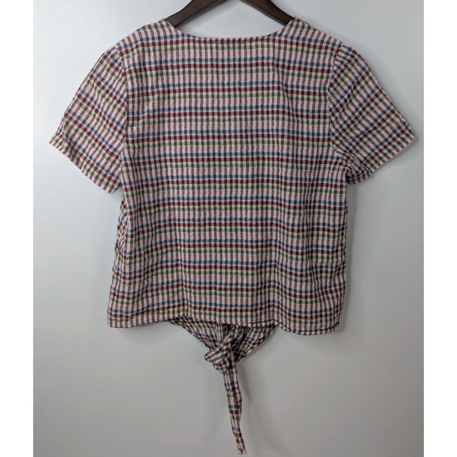 Madewell Madewell Blouse Shirt Short Sleeve V-Neck Tie Front Top Size S Multicolor Gingham Print 100% Cotton L8477 Size S / US 4 / IT 40 - 3 Thumbnail