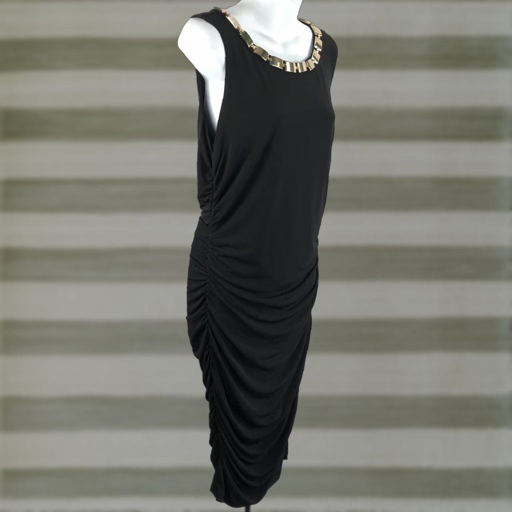 Calvin Klein Sleeveless Pencil midi Dress 12 Black Gold Chain Collar Ruched  Draped Dress Women XS-XL - www.trueticket.mx