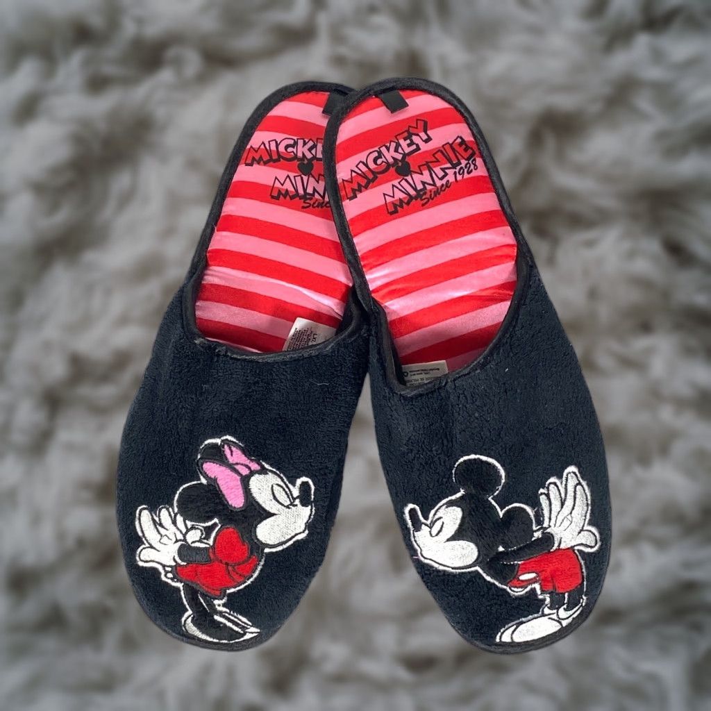 Disney VINTAGE? Disney Mickey Minnie Kissing Black Pink House Slippers Womens L/XL 11/12 Comfort Cozy Size ONE SIZE - 1 Thumbnail