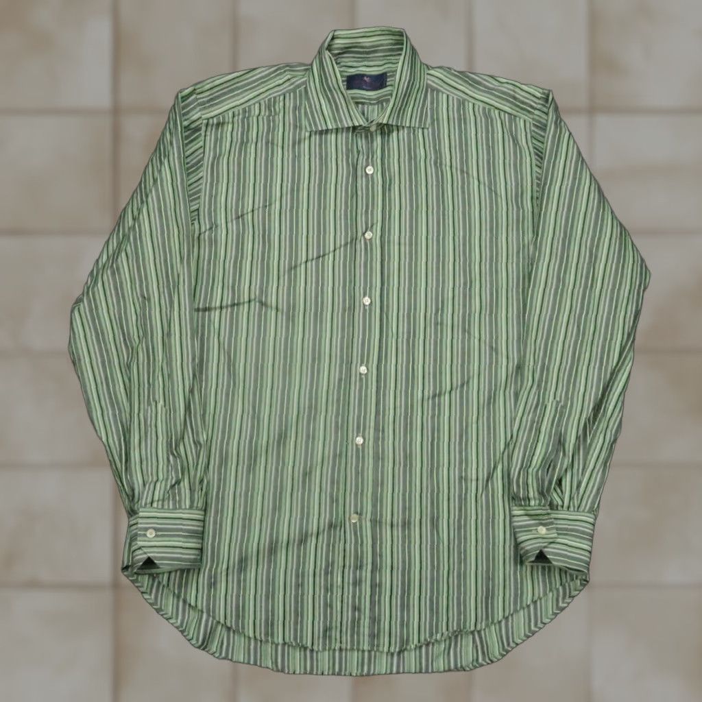 VINTAGE ETRO Shirt Mens Large Green Striped Button-Up Italy 46 in Chest All Seasons Breathable Cotton Mens L Green Etro Shirt Size L