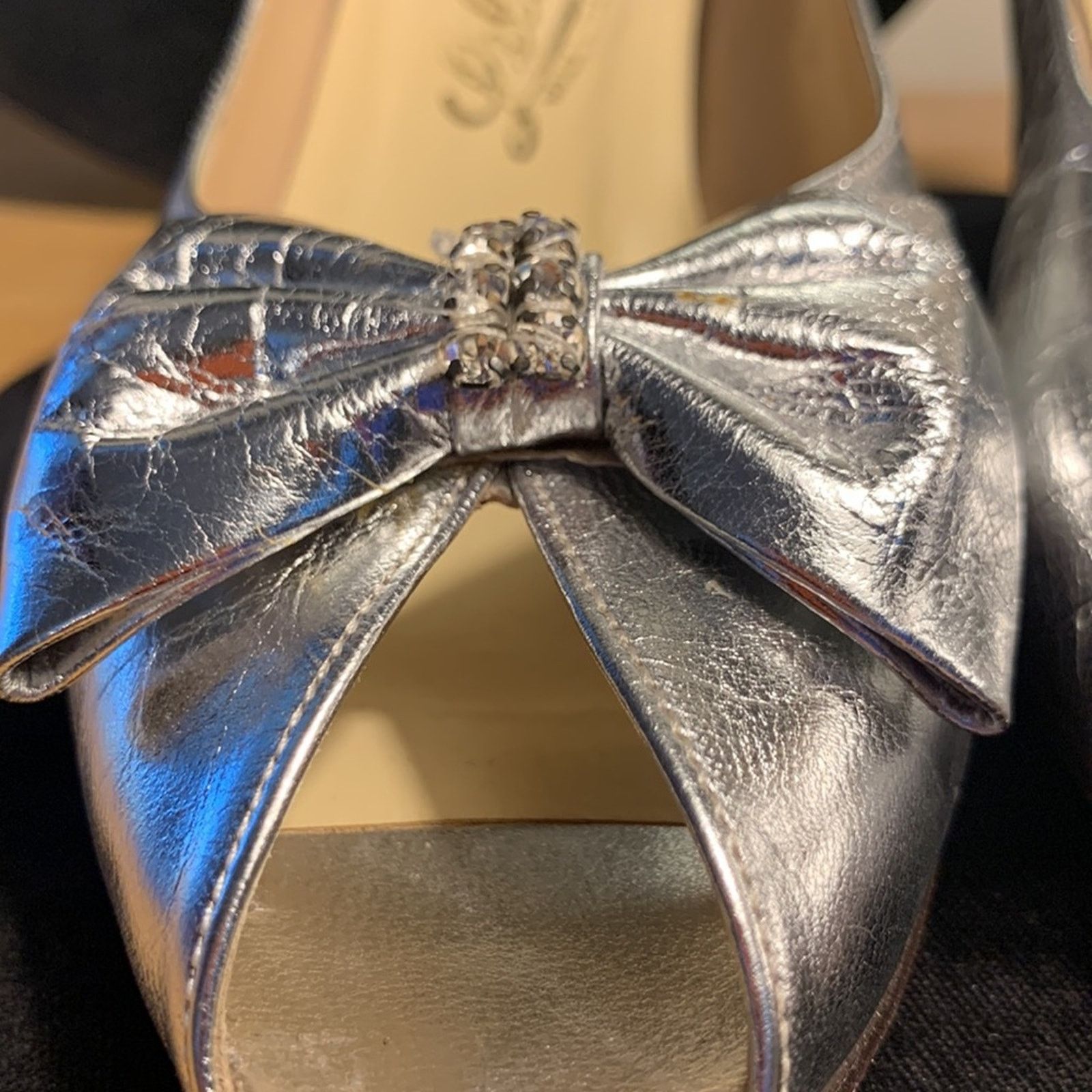 Vintage Vintage silver leather peeptoe slingback shoes with bows Size US 8 / IT 38 - 4 Thumbnail