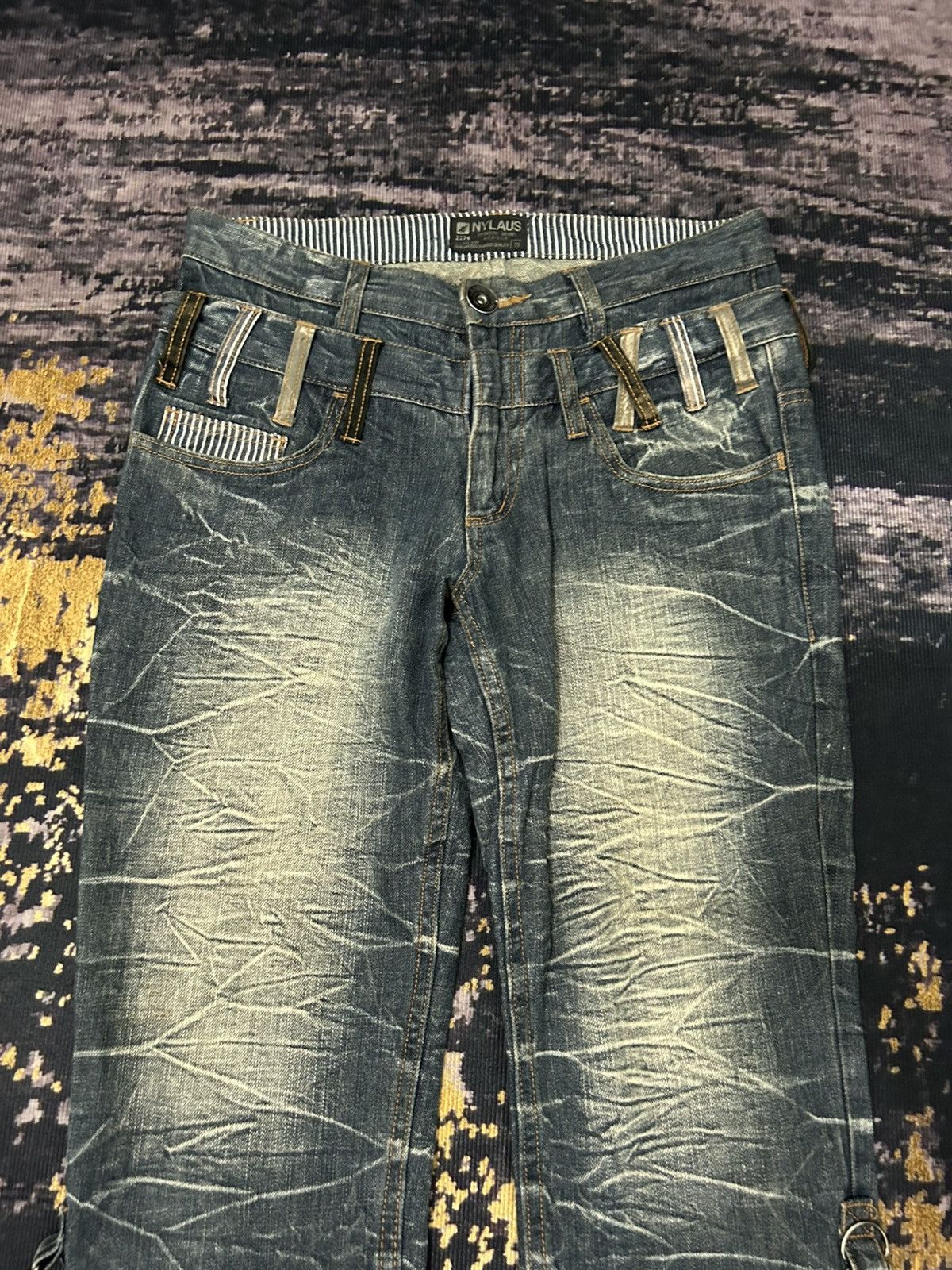 Japanese Brand NYLAUS Doublle Waist Mud Claw Mark Cropped Jeans Size US 31 - 6 Thumbnail