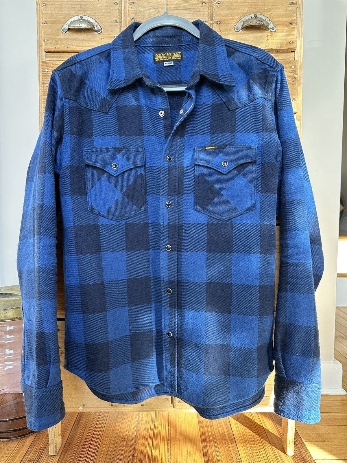 Iron Heart Ultra Heavy Flannel UHF Western Shirt Buffalo Check Indigo
