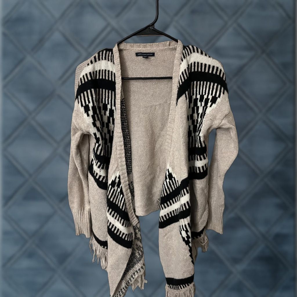 American Eagle Outfitters VINTAGE American Eagle Outfitters Womens Size S Sweater Waterfall Open Front Aztec Fringe Cardigan Beige Cotton Blend Size S / US 4 / IT 40 - 1 Thumbnail