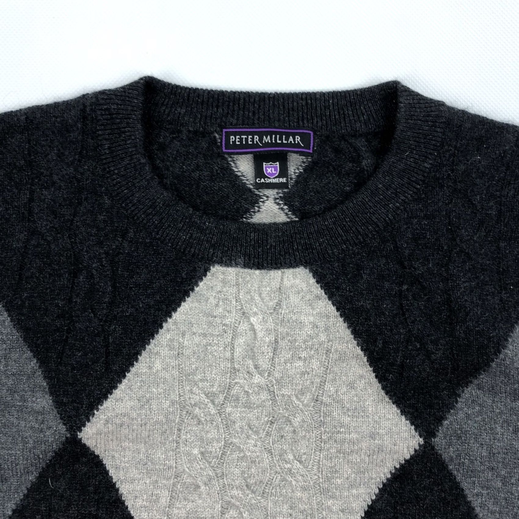 Peter Millar Peter Millar Men's XL Cashmere Argyle Cable Knit Sweater Grey Black Pullover Crew Neck Ribbed Trim Autumn Winter Spring Modern Preppy Casual Everyday Size US XL / EU 56 / 4 - 2 Thumbnail