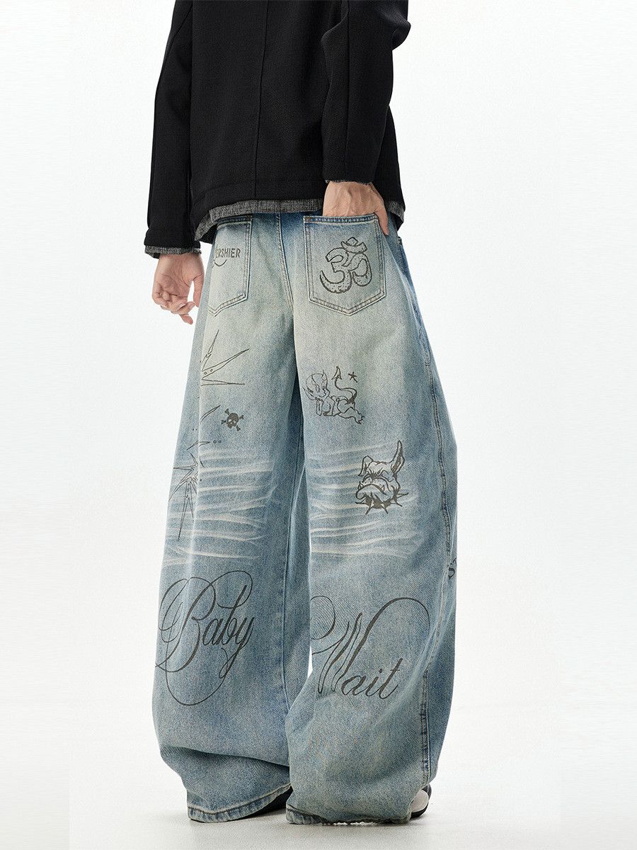 Japanese Brand Men's American Retro Washed Graffiti Jeans Size US 32 / EU 48 - 4 Thumbnail