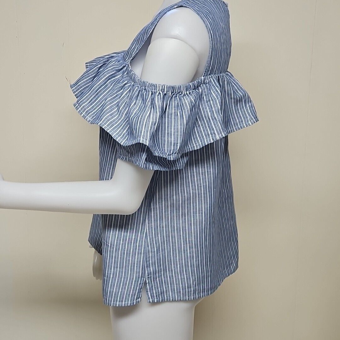 J.Crew J Crew Linen Blend Top Womens 12 Blue Striped Ruffle Collar Size XL / US 12-14 / IT 48-50 - 2 Thumbnail