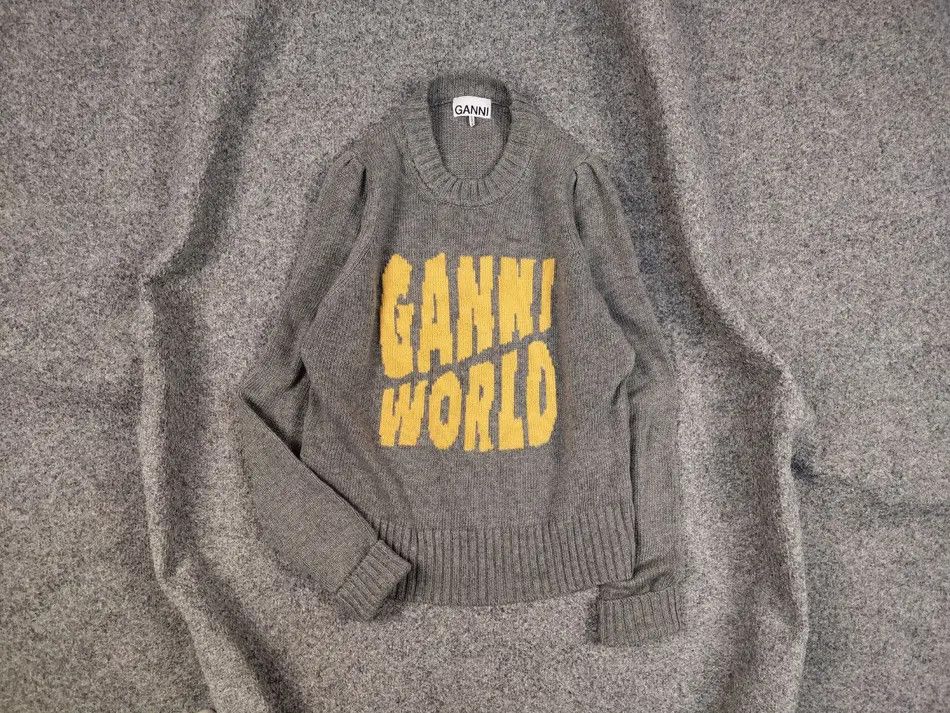 image of Ganni World Design Gray Logo Crew Neck Pullover Sweater in Grey, Women's (Size Small)