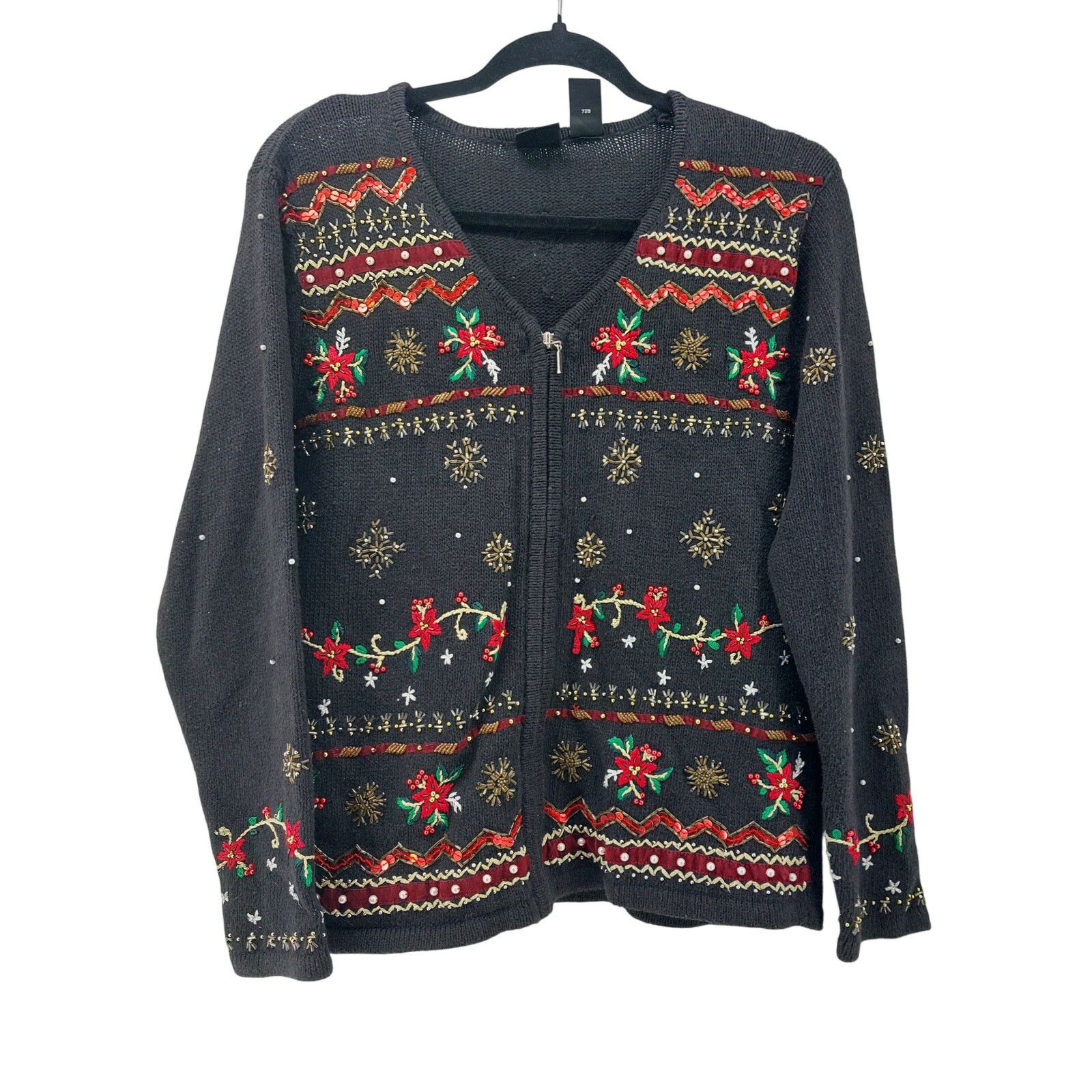 Other Erika PM Ugly Christmas Sweater Cardigan Black Poinsettia Size M / US 6-8 / IT 42-44 - 1 Thumbnail