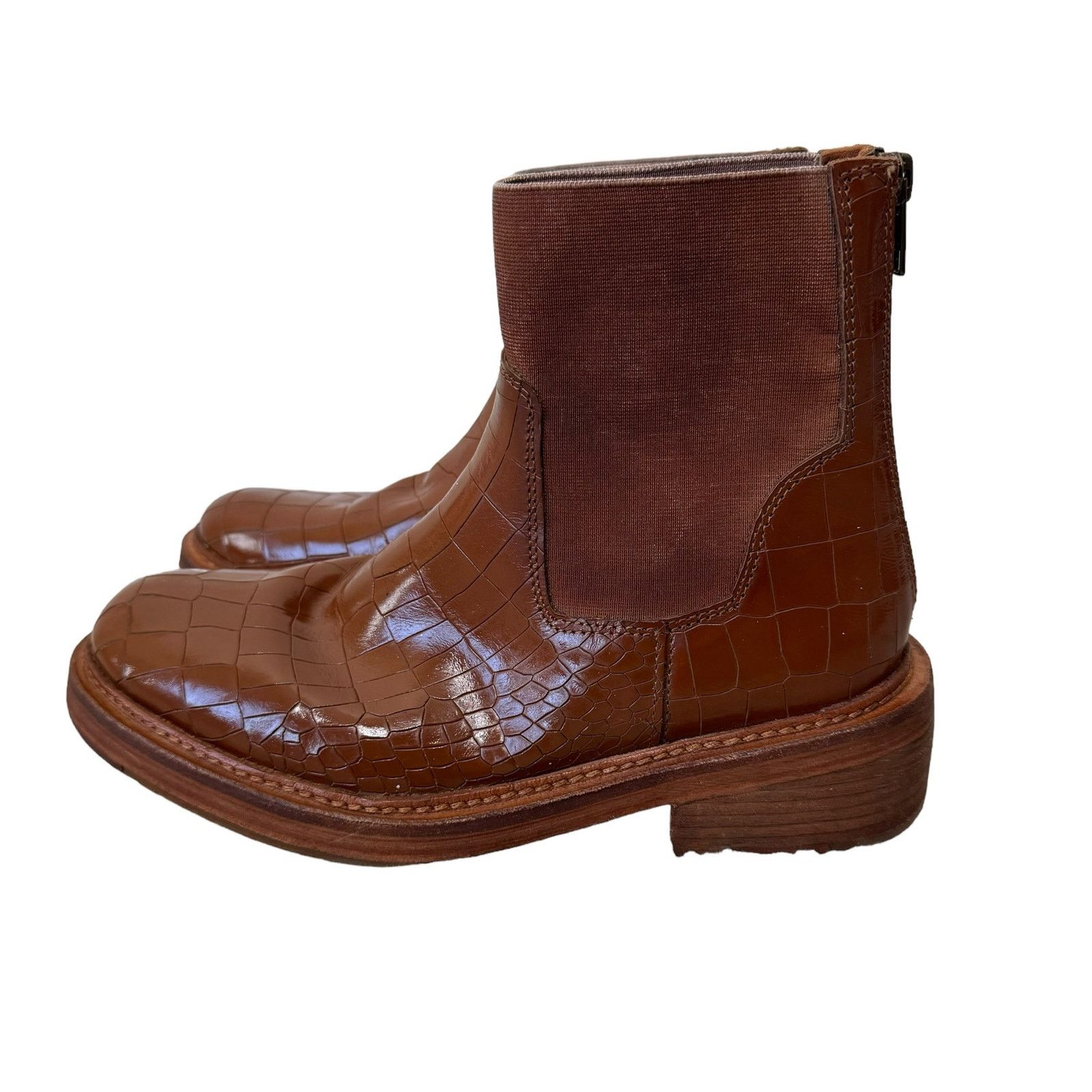 FREE PEOPLE ARLO SANTA FE EMBOSSED ANKLE BOOTS Tan Croc