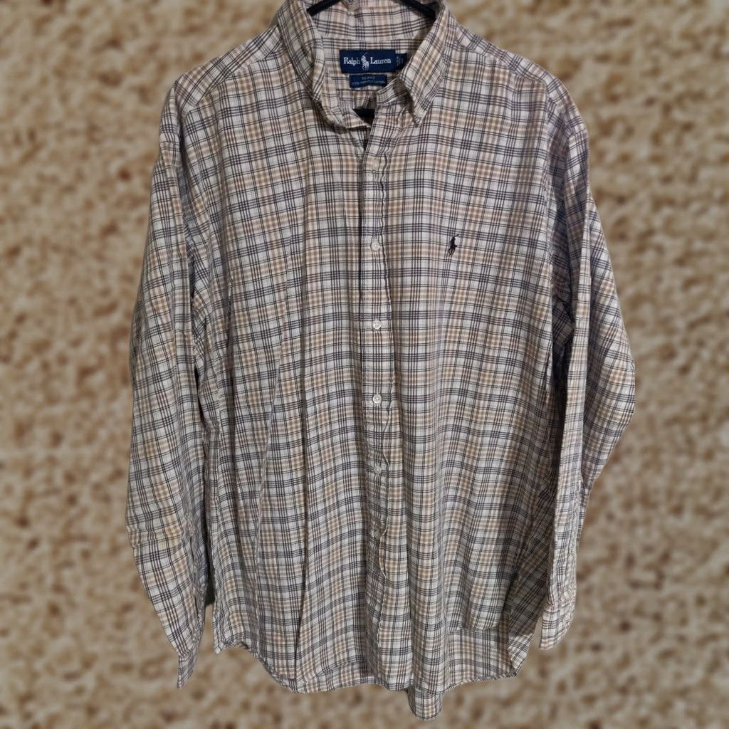 Polo Ralph Lauren VINTAGE Polo Ralph Lauren Blake Two-Ply Tan Plaid L/S Button-Down Dress Shirt Mens L Shirt Brown Plaid Logo 100% Cotton Casual Button-Up Sleeve Long Size 42R - 1 Thumbnail