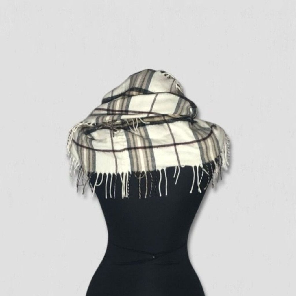 Van Heusen Fringe Scarf Infinity Style Plaid Pattern Cream/Beige OS Size ONE SIZE - 2 Thumbnail