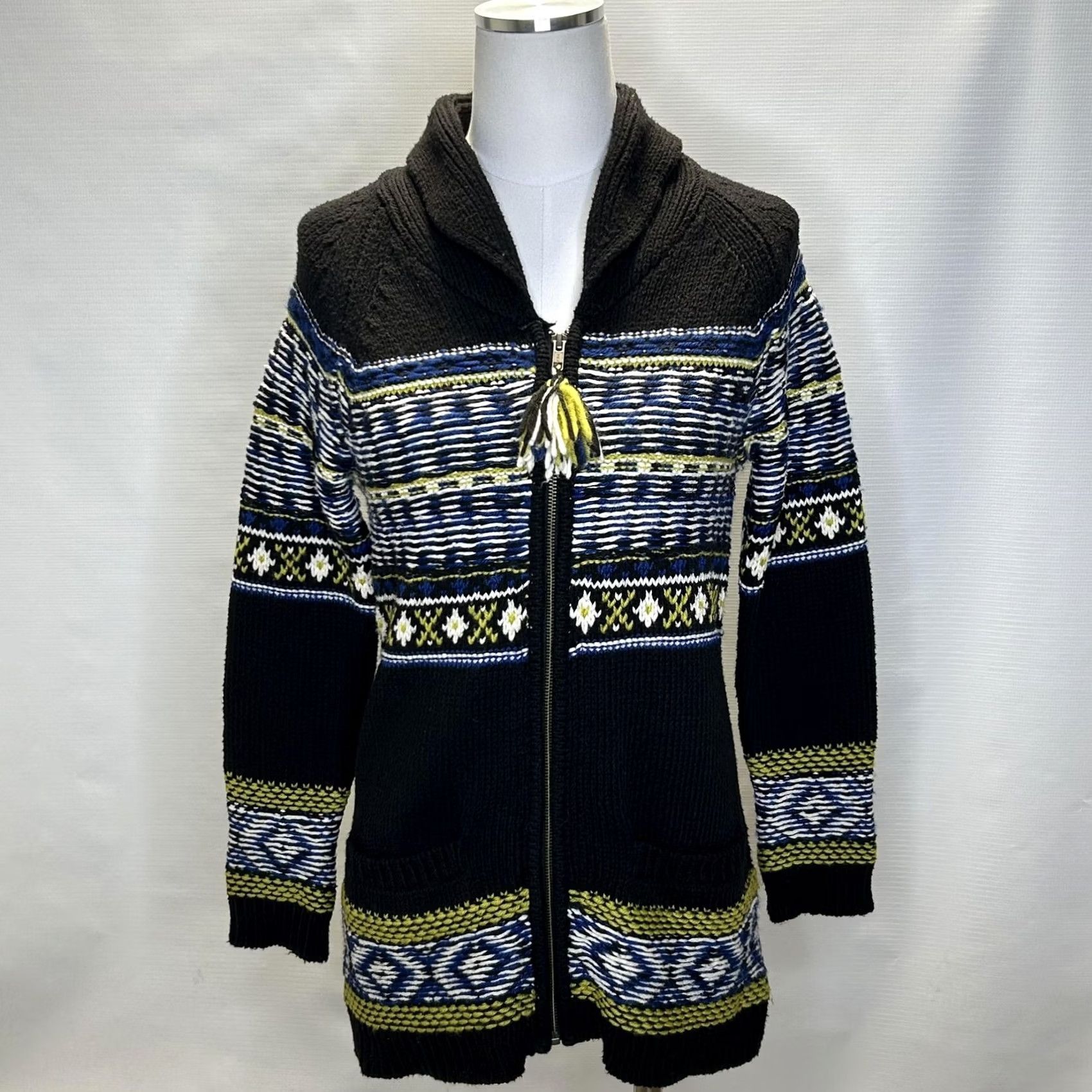 Arrow Sparrow Sweater Cardigan Womens XS Full Zip Wool Blend Boho Knit Black Long Sleeve Patch Pockets Zipper Tassel Size XS / US 0-2 / IT 36-38 - 3 Thumbnail