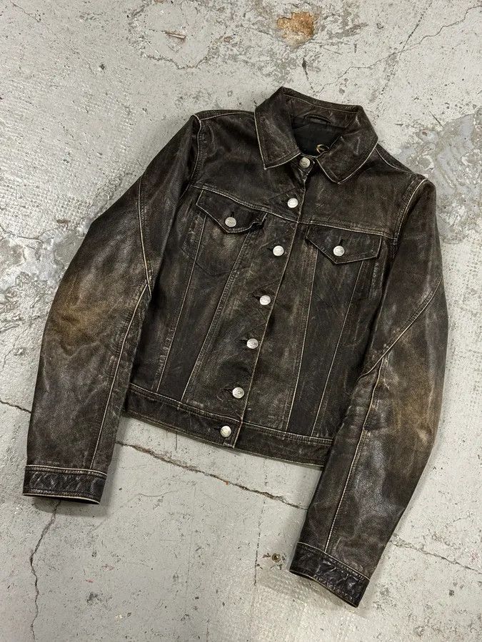 Just Cavalli 2000s Cavalli Grey Eroded Leather Trucker Jacket Size S / US 4 / IT 40 - 3 Thumbnail