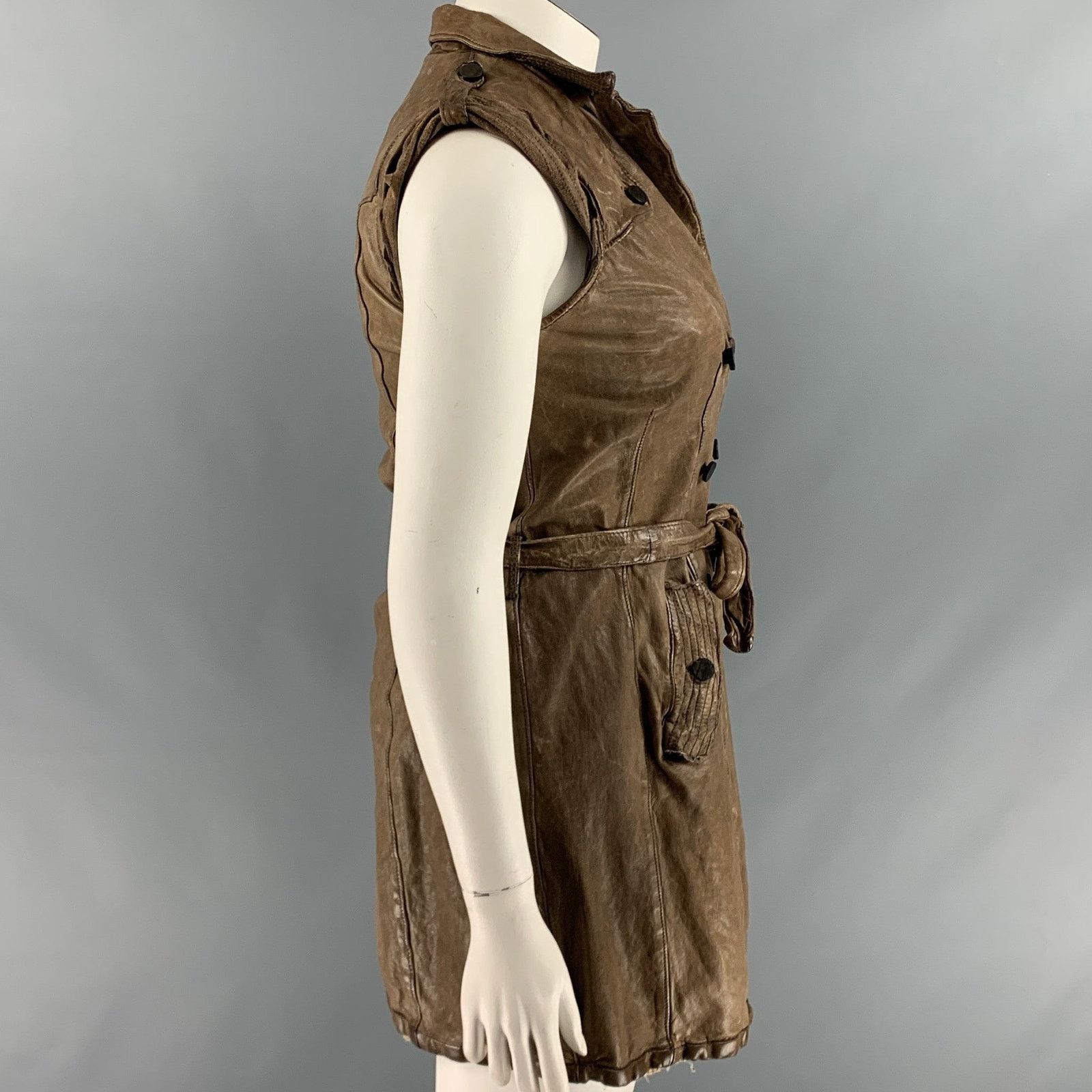 Giorgio Brato GIORGIO BRATO 10 Brown Taupe Leather Distressed Belted Vest Size L / US 10 / IT 46 - 3 Thumbnail