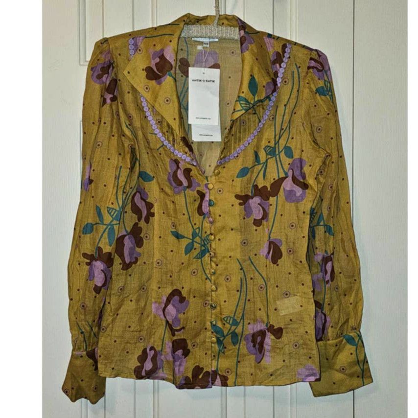 image of NWT Free People Antik Batik Ossie Blouse Xs $343 Yellow, Women's