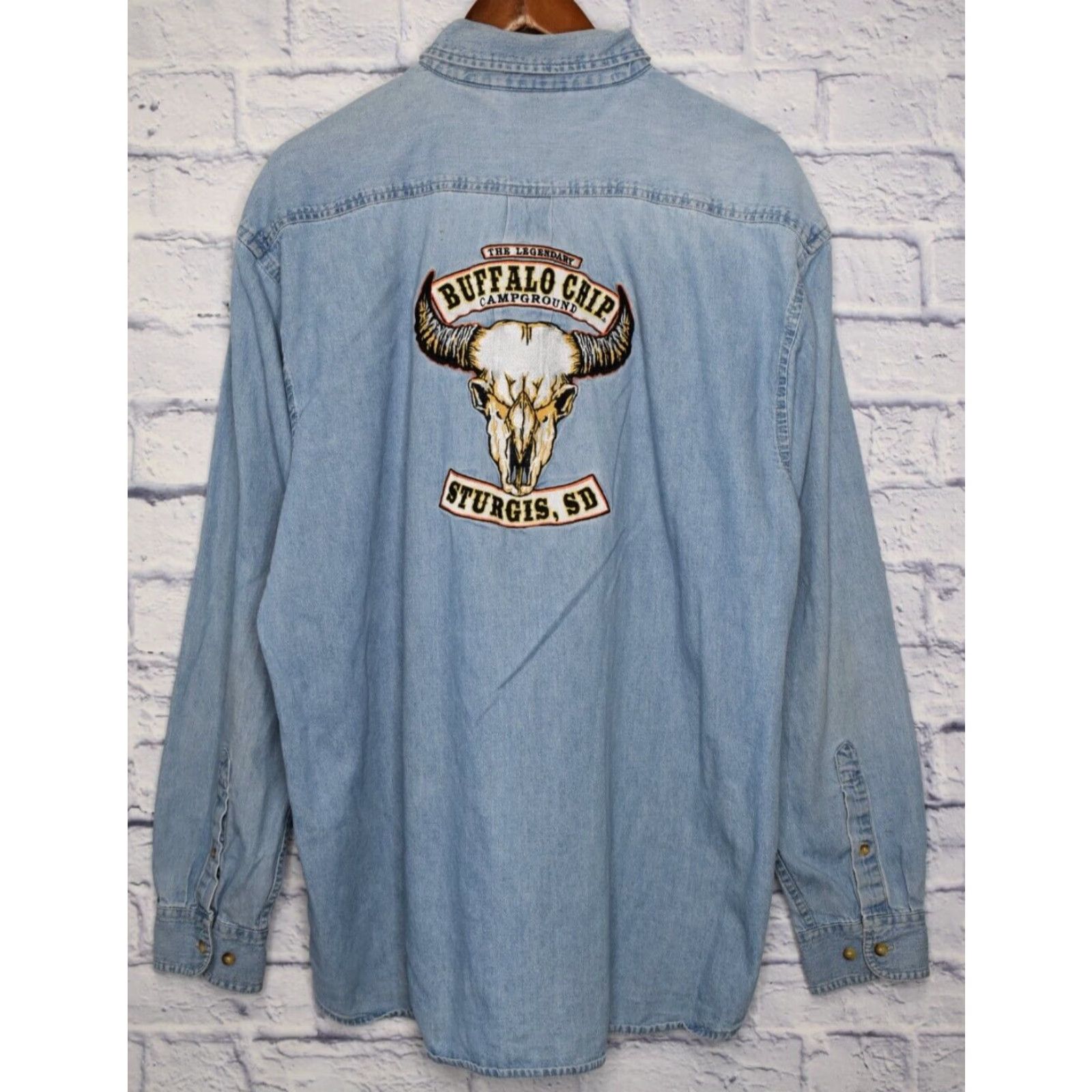 Denime VINTAGE Harriton Sturgis Buffalo Chip Embroidered Longhorn Denim Shirt Mens XL Long Sleeve Blue Cotton Button Down Collared Size US XL / EU 56 / 4 - 2 Thumbnail