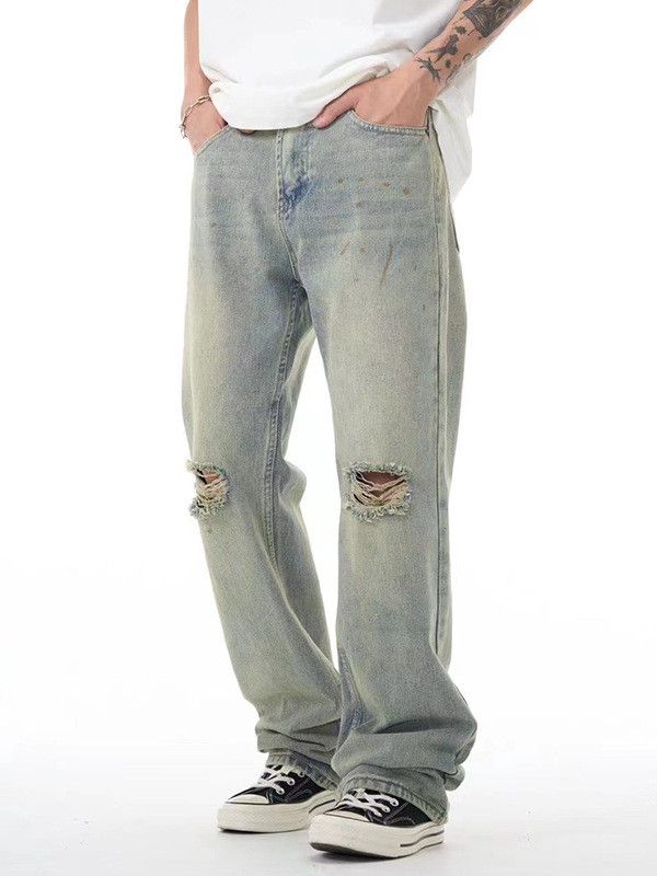 Japanese Brand Light blue loose washed distressed jeans with holes Size US 34 / EU 50 - 2 Thumbnail