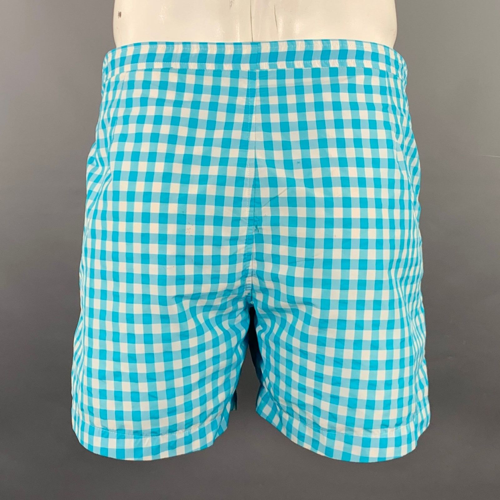 Parke & Ronen Turquoise White Gingham Polyester Blend Swim Trunks Size US 36 / EU 52 - 2 Thumbnail