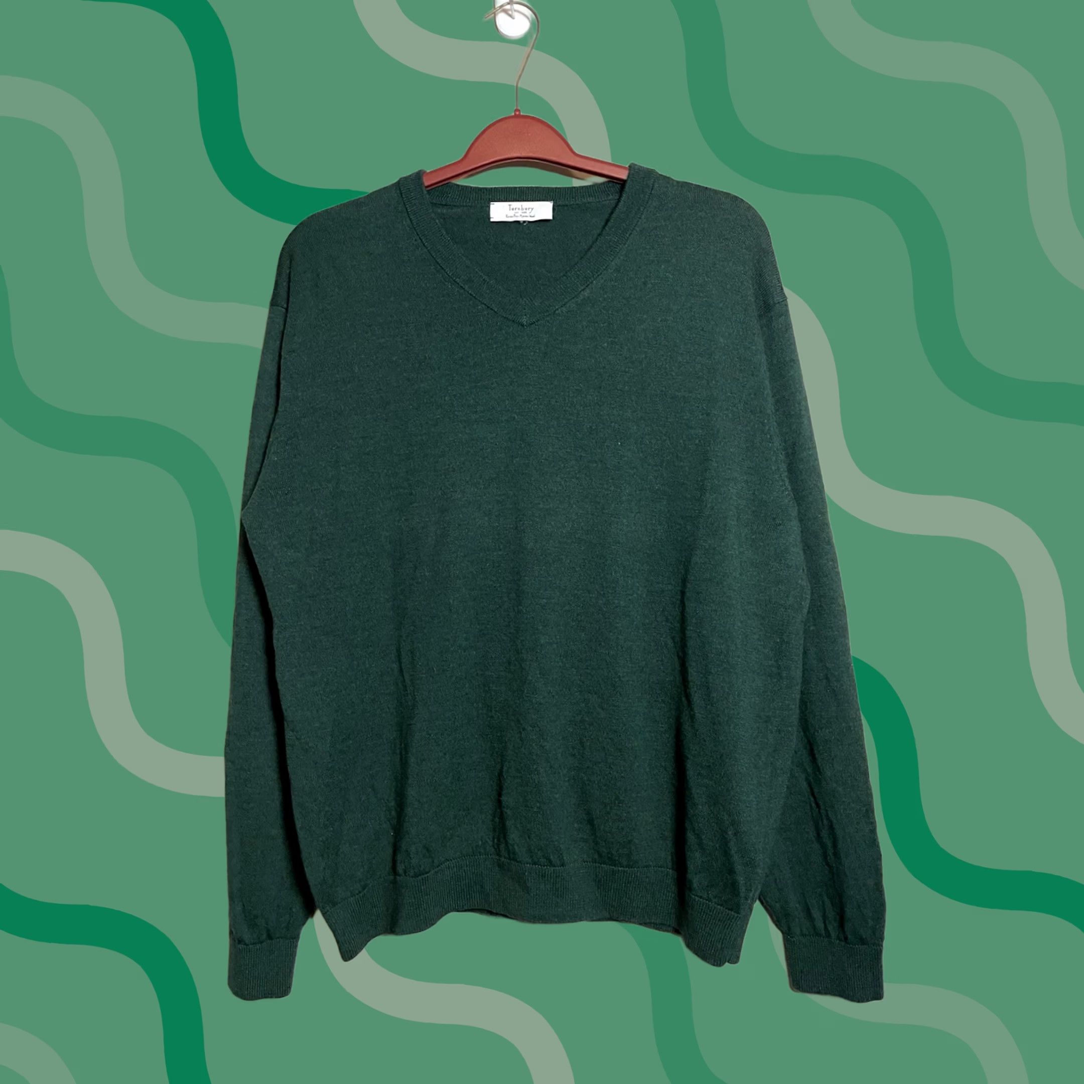 Vintage VINTAGE? No — Turnbury Men’s L Green Merino Wool V-Neck Pullover Sweater (A648) Size US L / EU 52-54 / 3 - 1 Thumbnail