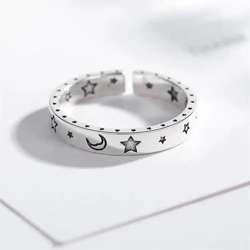 Jewelry × Vintage Smiley Moon & Stars Ring Retro Adjustable Size ONE SIZE - 5 Thumbnail