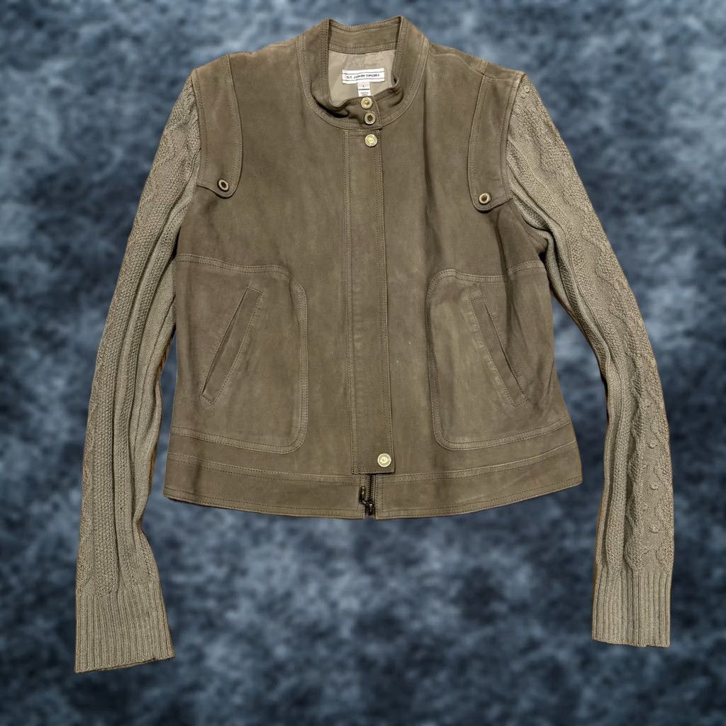 St. John VINTAGE St. John Sport Suede Leather Knit Sweater Jacket Top Women’s Size Large Beige Lined Pockets 80s 90s Mens? Size L / US 10 / IT 46 - 1 Thumbnail