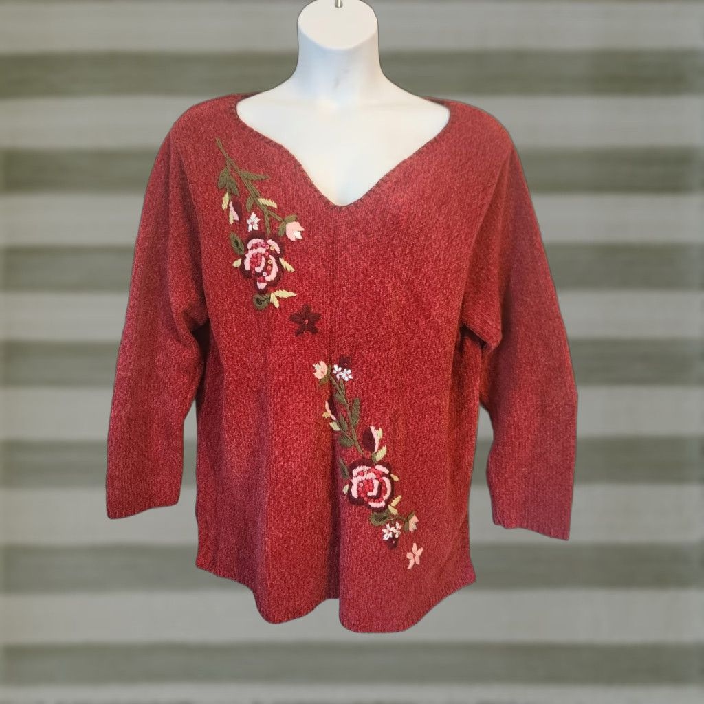 Essentials Essentials By Maggie V-Neck Red Rust Color Sweater with Embroidered Flower Sz 22/24 Size 3XL / US 20-22 - 1 Thumbnail