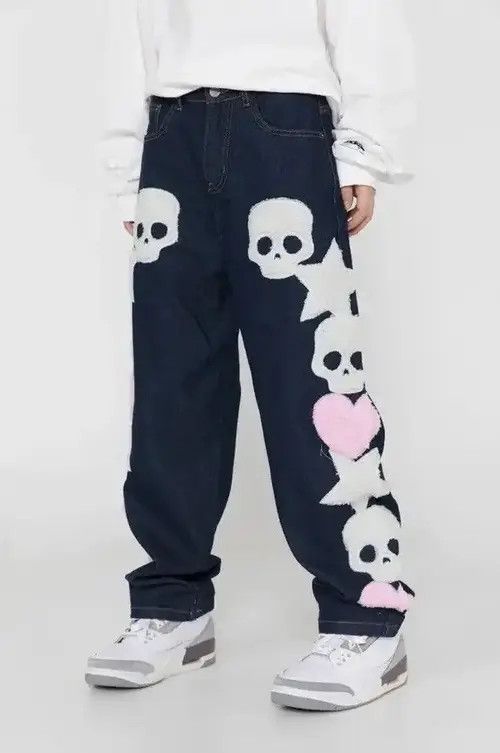 VIBE Skull Streetwear Denim Jeans Hip Hop Retro Skeleton Size US 32 / EU 48 - 1 Thumbnail