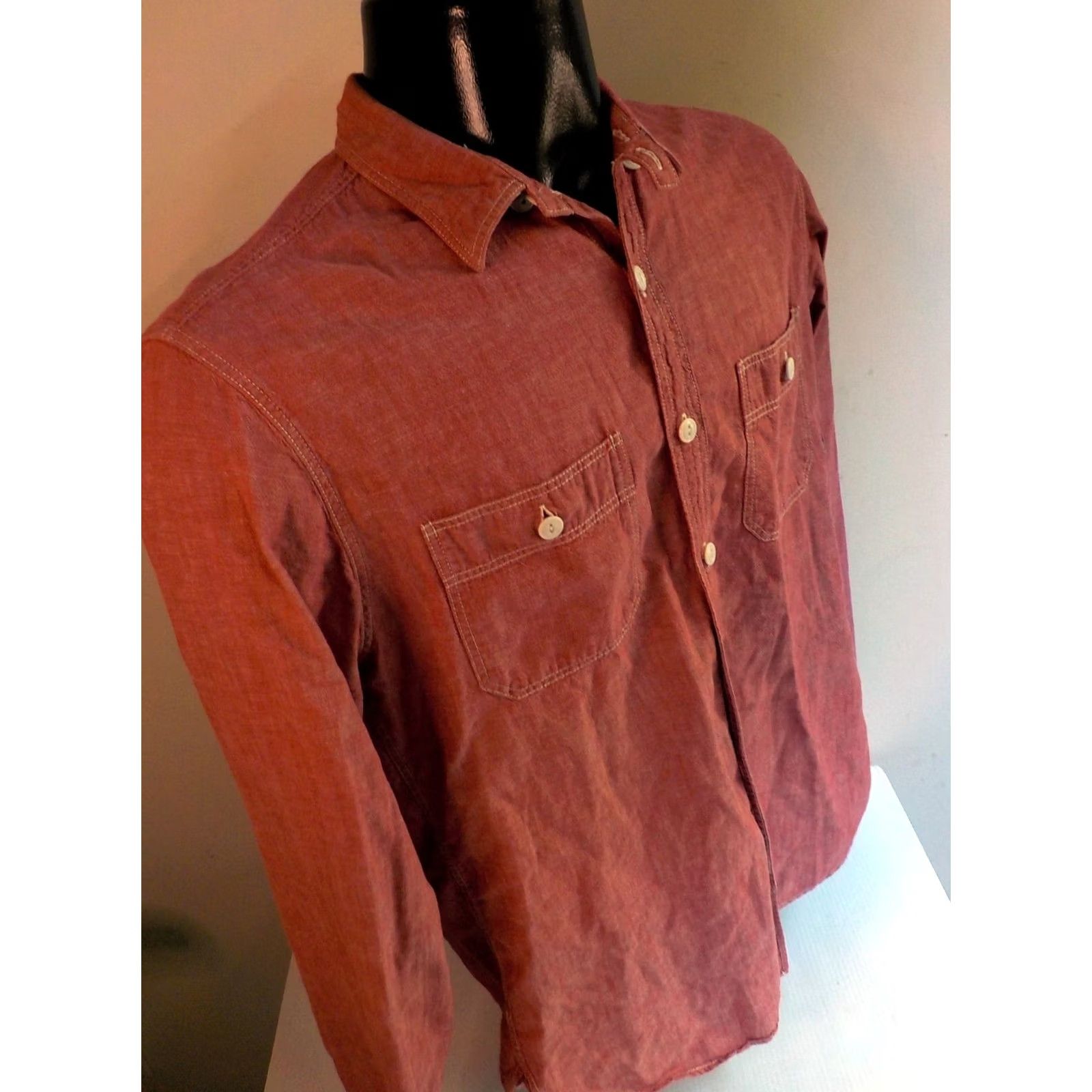 J.Crew J. Crew Chambray Shirt Red with White Stitching - 100% Cotton Long Sleeve Button-Up Toad Tab Collar M Mens Shirt Size US M / EU 48-50 / 2 - 4 Thumbnail