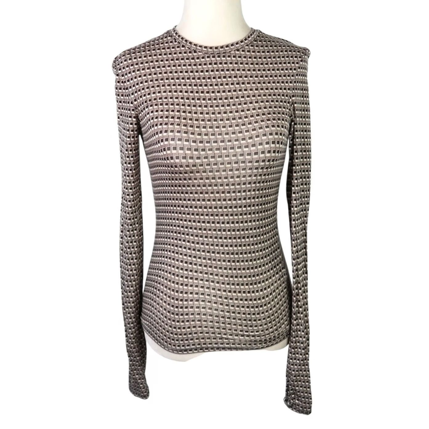 Cos VINTAGE Cos Second Skin Long Sleeve Top Black and Cream Geo Grid Print XS Women T-Shirt Geometric Long Sleeve Slim Fit Lyocell and elastane Mens? Size XS / US 0-2 / IT 36-38 - 2 Thumbnail